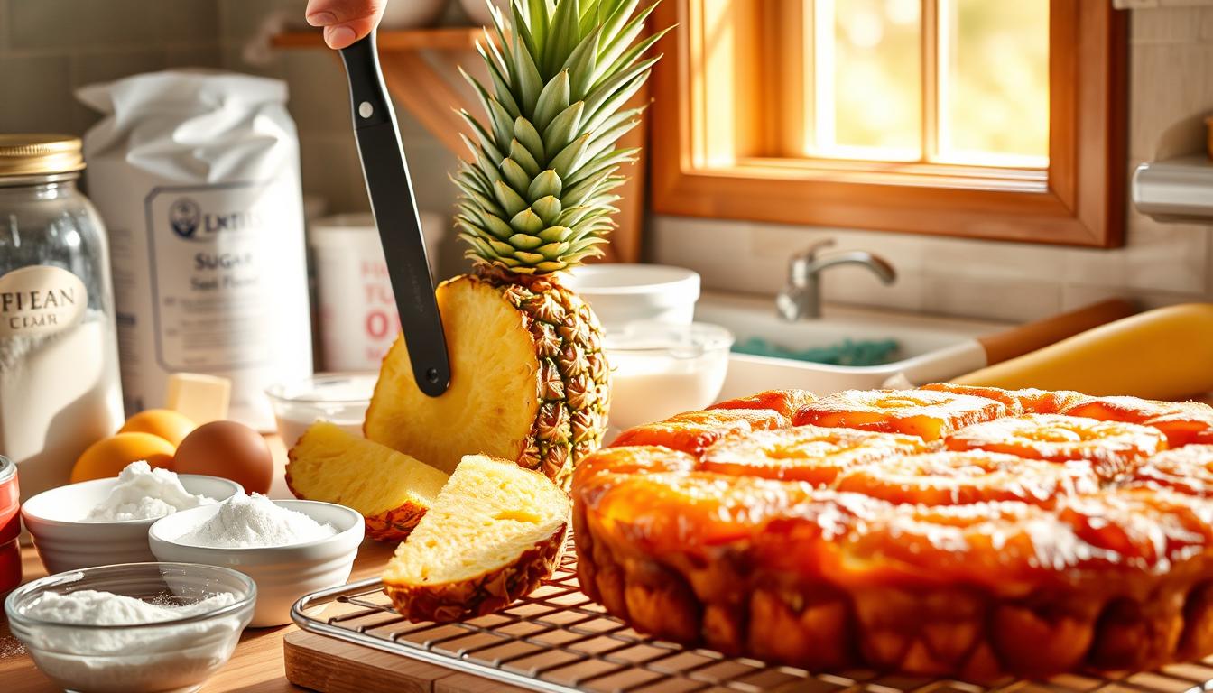 Pineapple Upside-Down Cake on a Wooden Table