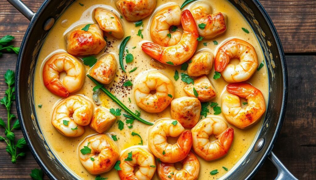 Chicken and shrimp in a pan