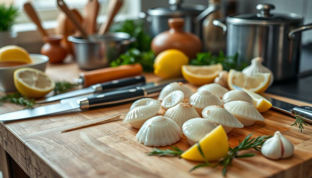 How do you prepare scallops before cooking