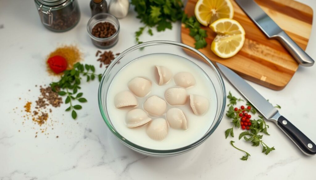 What does soaking scallops in milk do