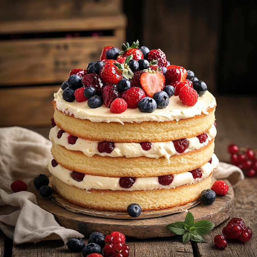 A Chantilly cake decorated with fresh berries on a wooden table.