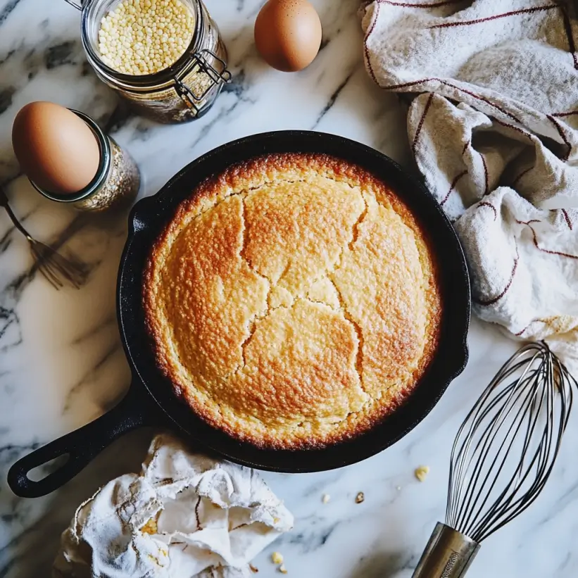 Southern cornbread in a cast iron skillet on a marble countertop in a modern kitchen.