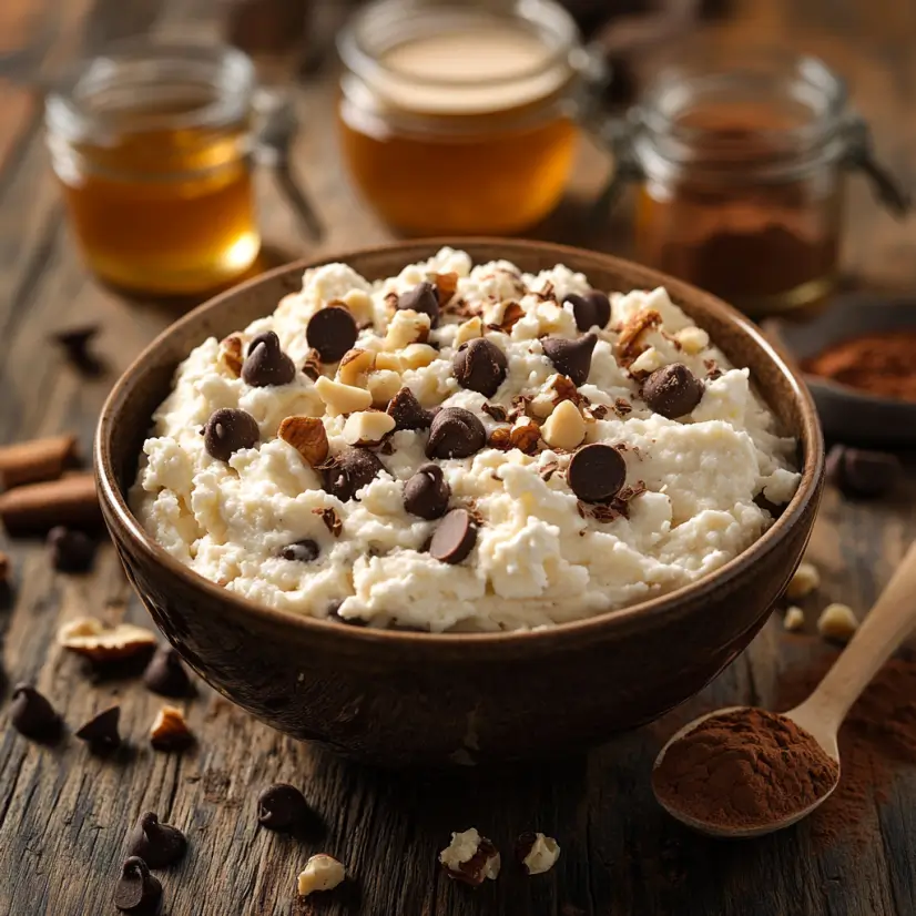 Bowl of cottage cheese cookie dough garnished with chocolate chips and nuts
