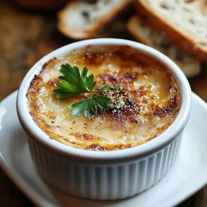 Golden caramelized crab brulee served in a white ramekin with parsley garnish.