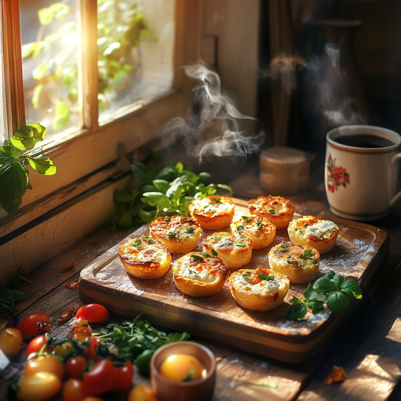 Freshly baked egg bites with cottage cheese on a wooden tray with fresh herbs.
