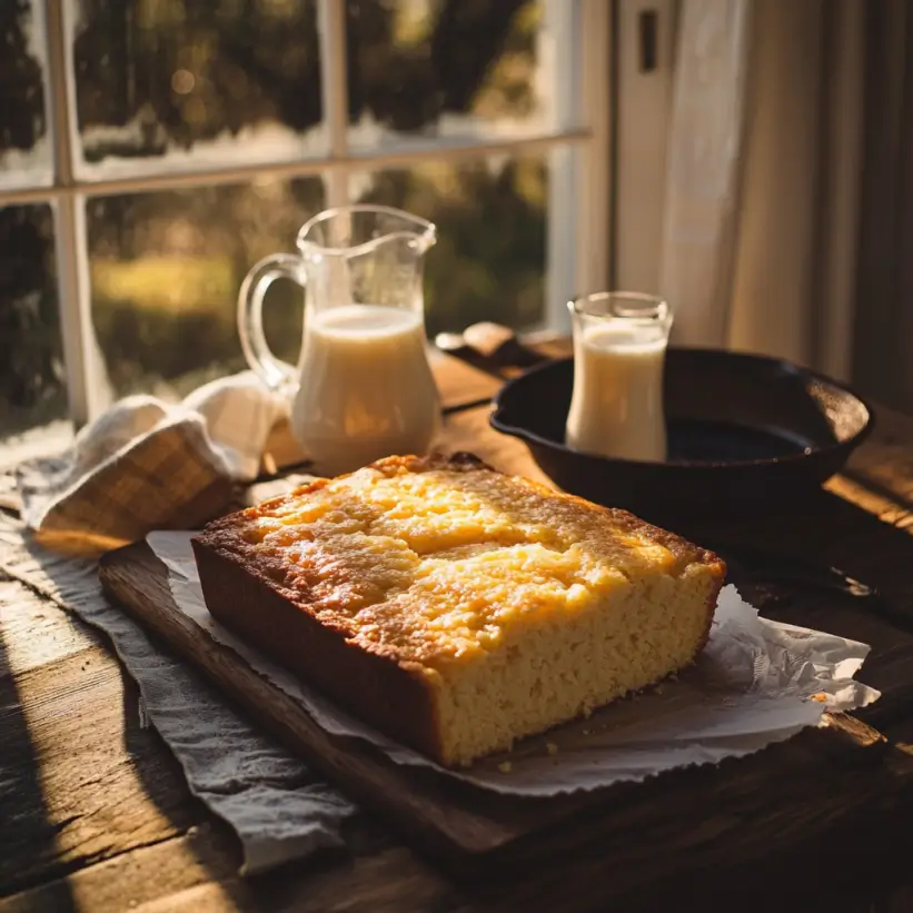 Golden cornbread with milk and buttermilk on a rustic table.