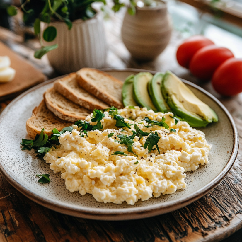 Scrambled eggs and cottage cheese breakfast plate.