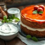 A perfectly moist cake with a slice revealing its fluffy texture on a rustic table.