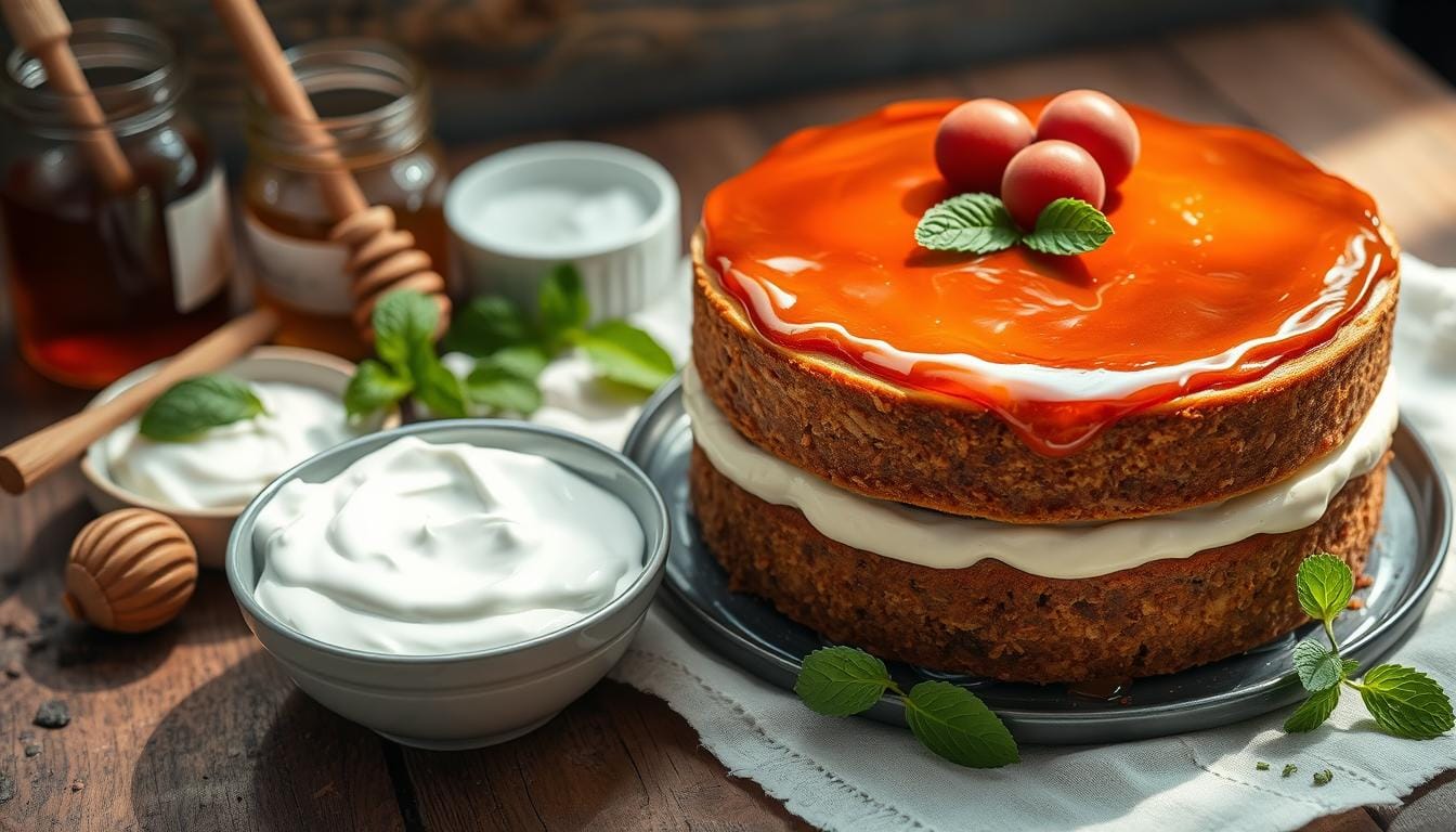 A perfectly moist cake with a slice revealing its fluffy texture on a rustic table.