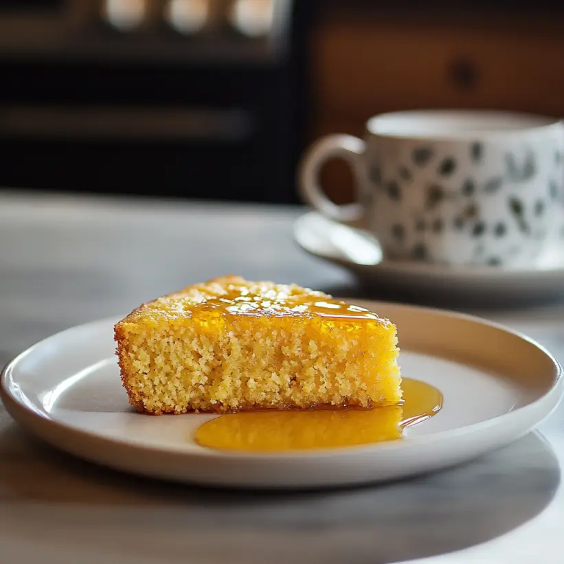 Slice of Northern cornbread with honey drizzle