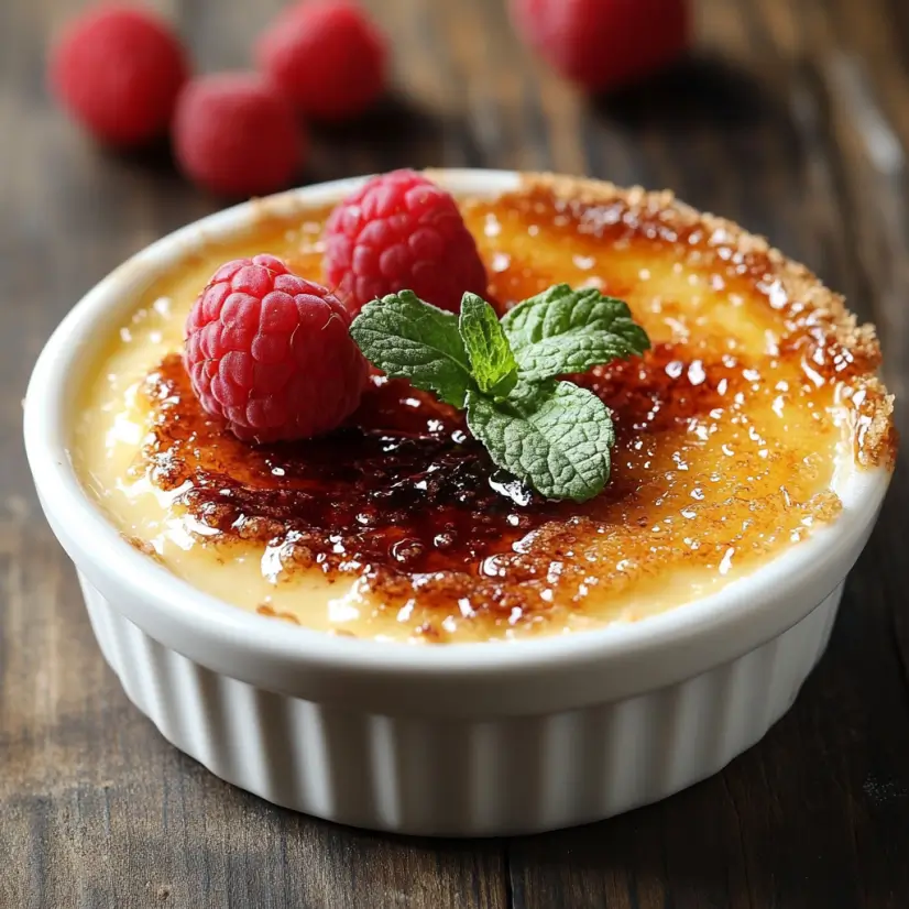 Crème brûlée with caramelized sugar crust cracked open.