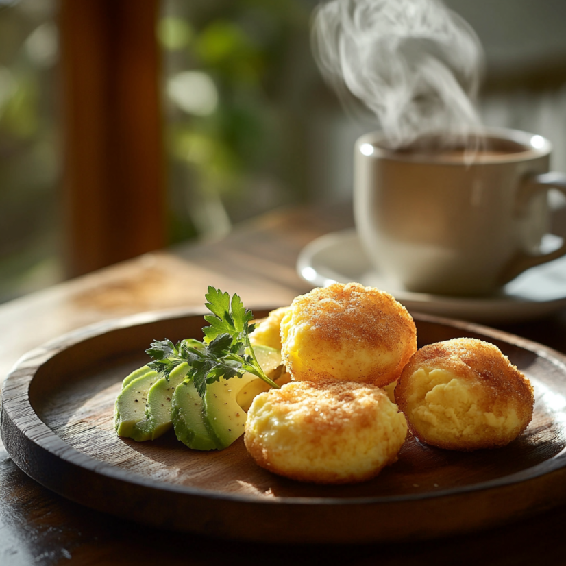 Fluffy egg bites served on a rustic plate with avocado slices and coffee.