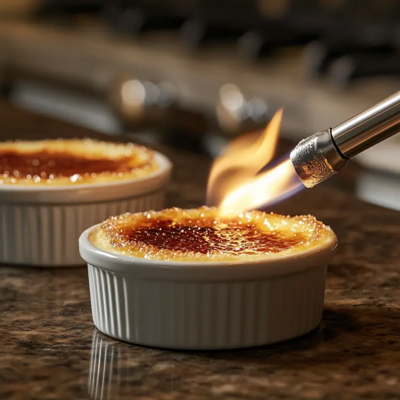 Close-up of crème brûlée with caramelized crust and creamy custard