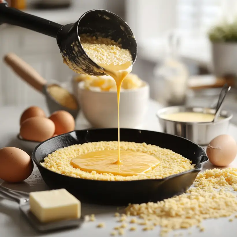 Pouring cornbread batter into a cast-iron skillet
