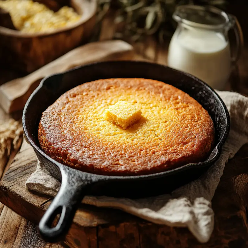 Southern cornbread in a cast iron skillet on a wooden table
