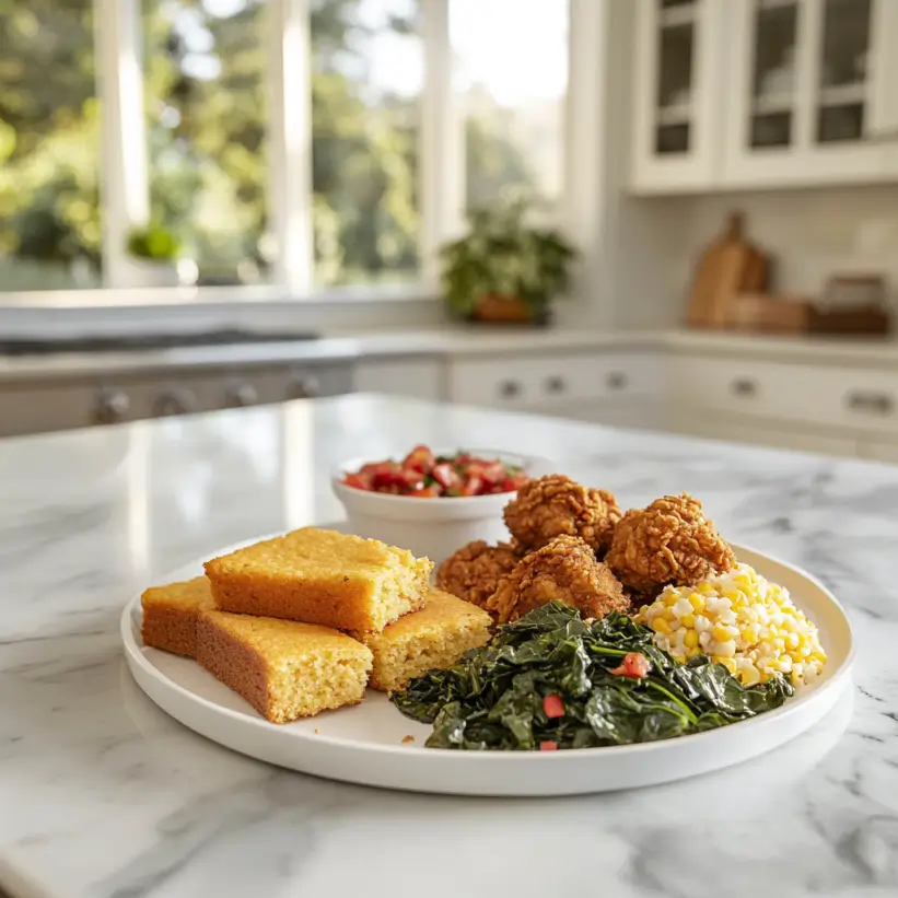 Southern cornbread slices with collard greens and fried chicken on a plate in a modern kitchen.