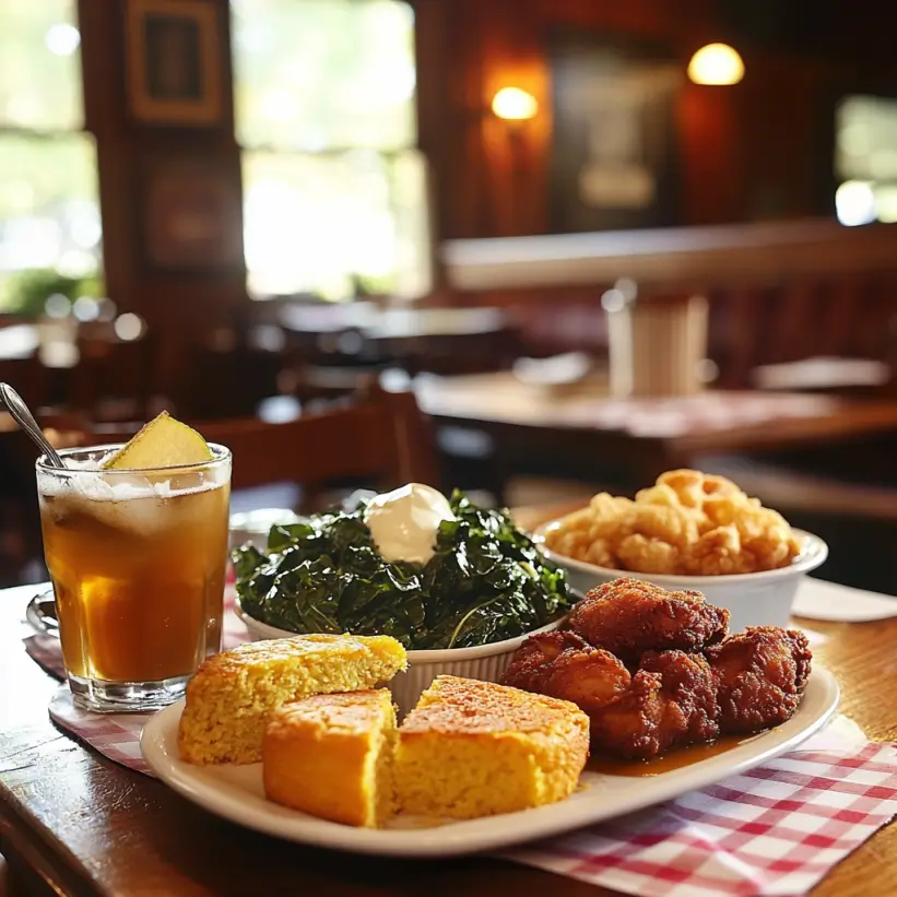 Southern meal with cornbread, collard greens, and fried chicken