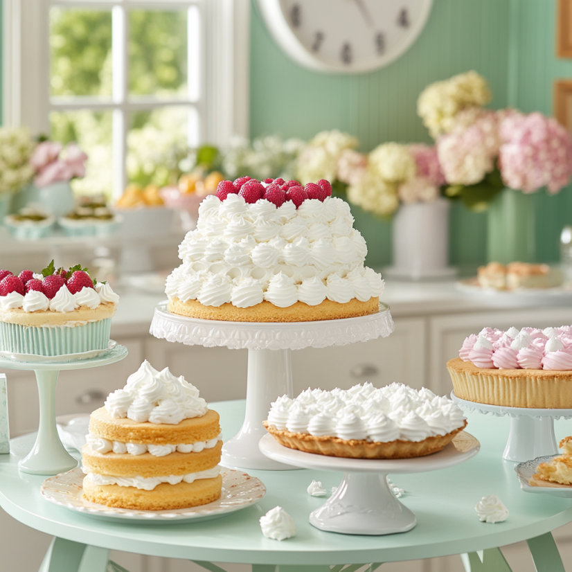 Dessert table with whipped cream and Chantilly cream toppings.