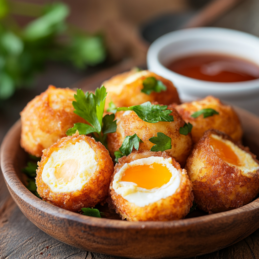 Golden-brown egg bites garnished with parsley on a rustic plate