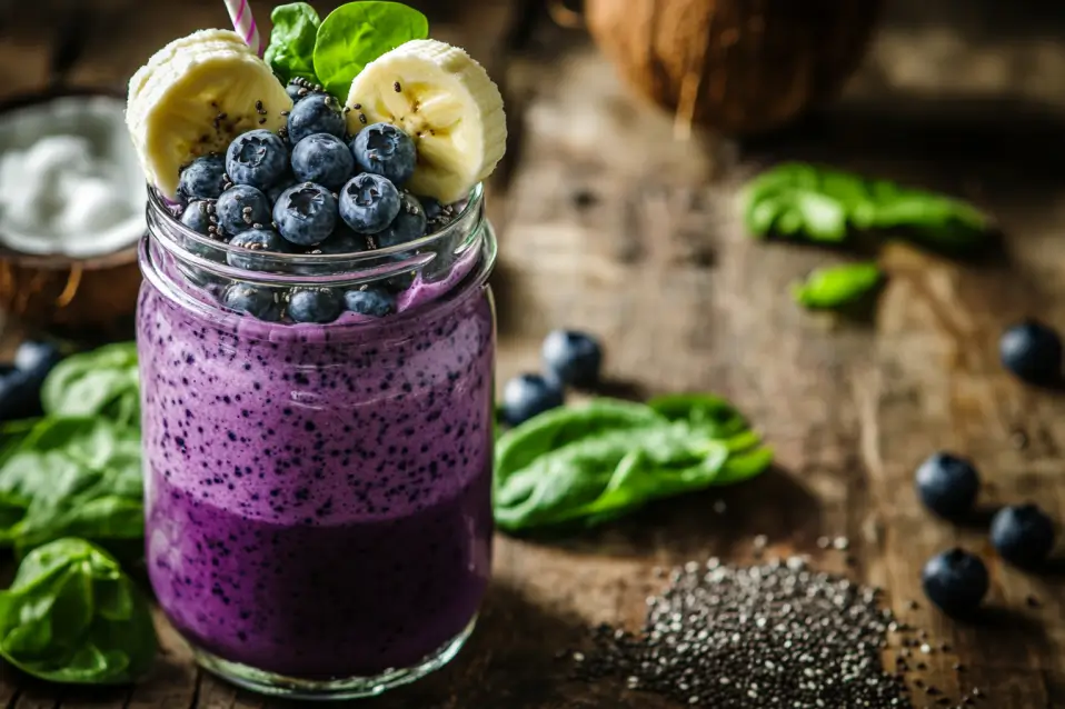 Post-workout recovery smoothie with blueberries, banana, and spinach