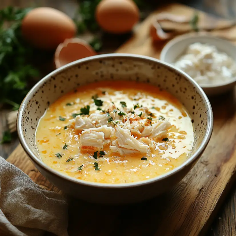 Ingredients for crab brulee: whisked egg yolks, cream, and fresh lump crab meat.