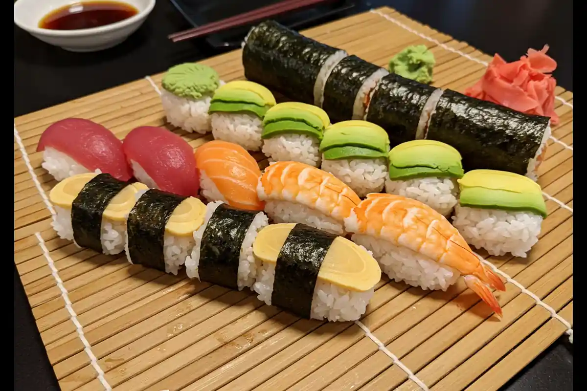 Sushi platter with 3 main types of sushi.