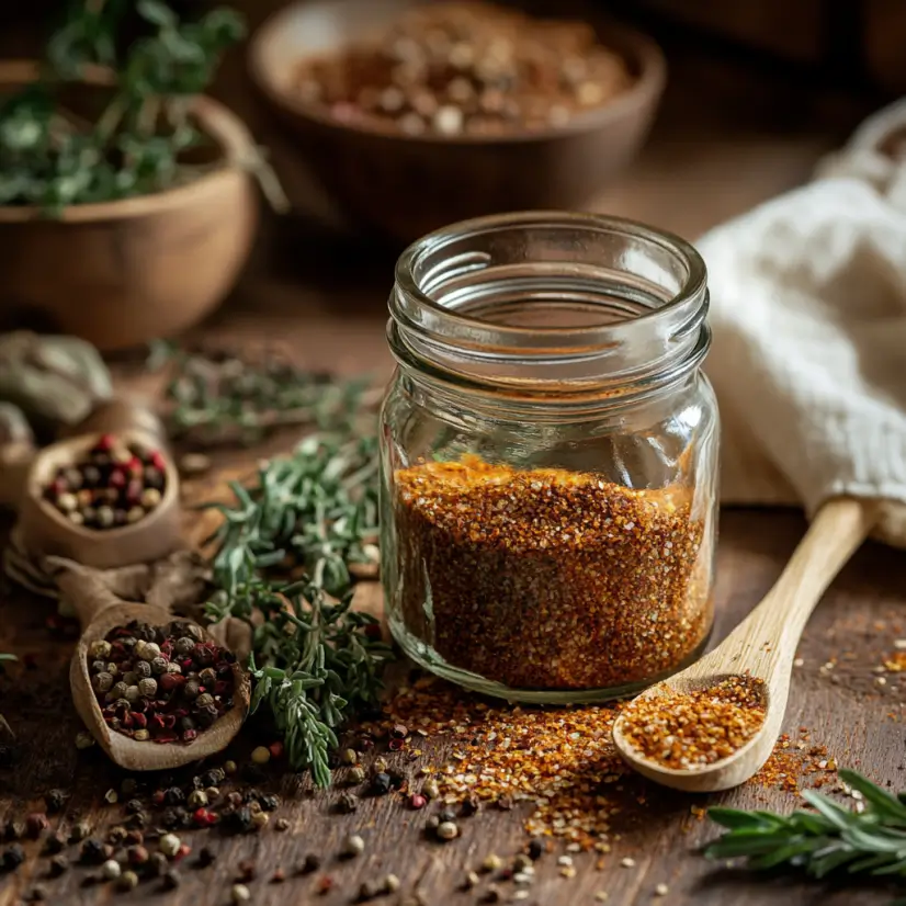 Beef stew seasoning recipe jar with fresh herbs. Title