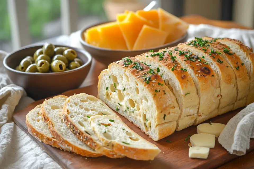 Close-up shot of a slice of cheddar jalapeno sourdough bread with melted cheese.