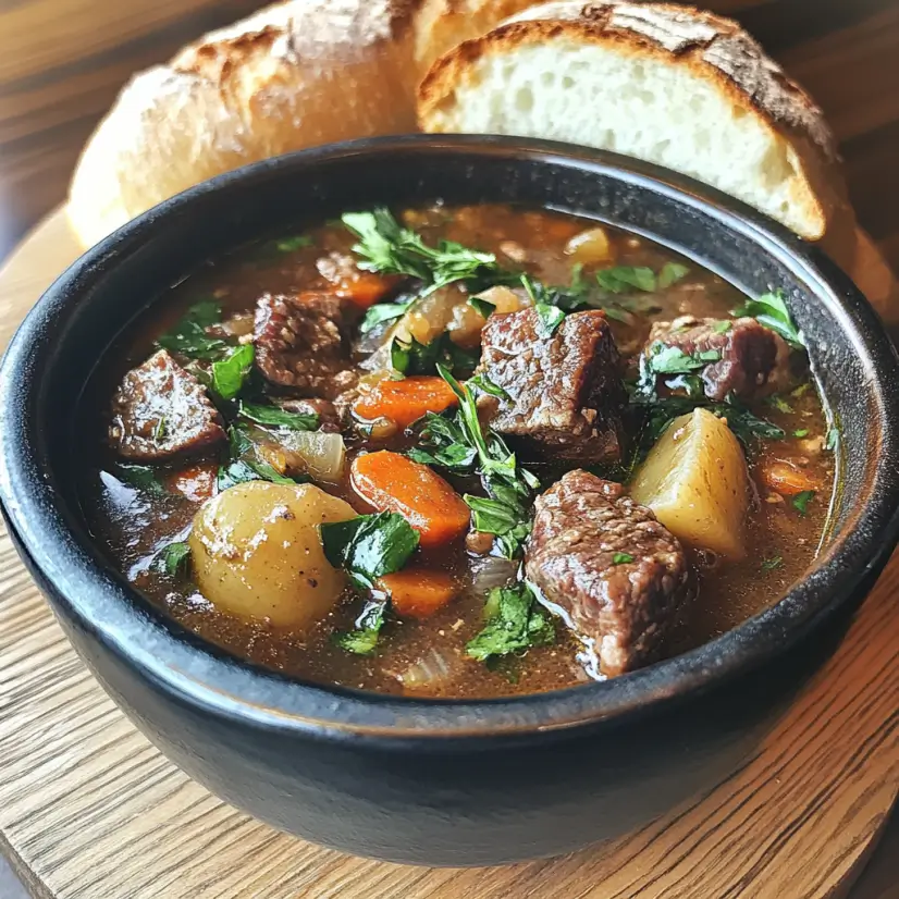 Steaming bowl of beef stew with fresh herbs.