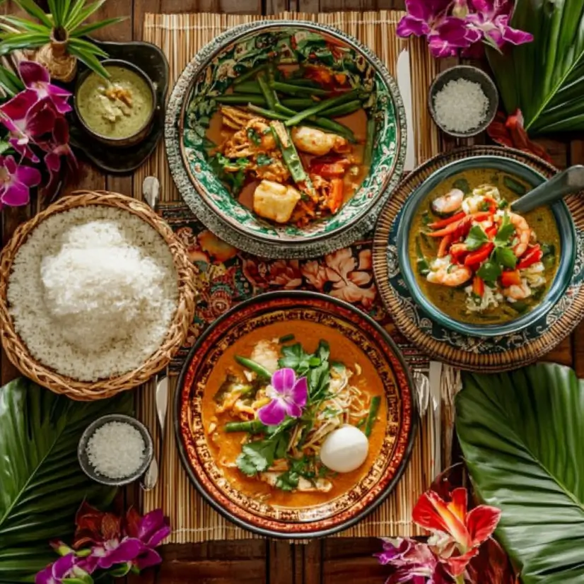 Yummy Thai Cuisine featuring traditional Thai dishes on a vibrant table setup. Title