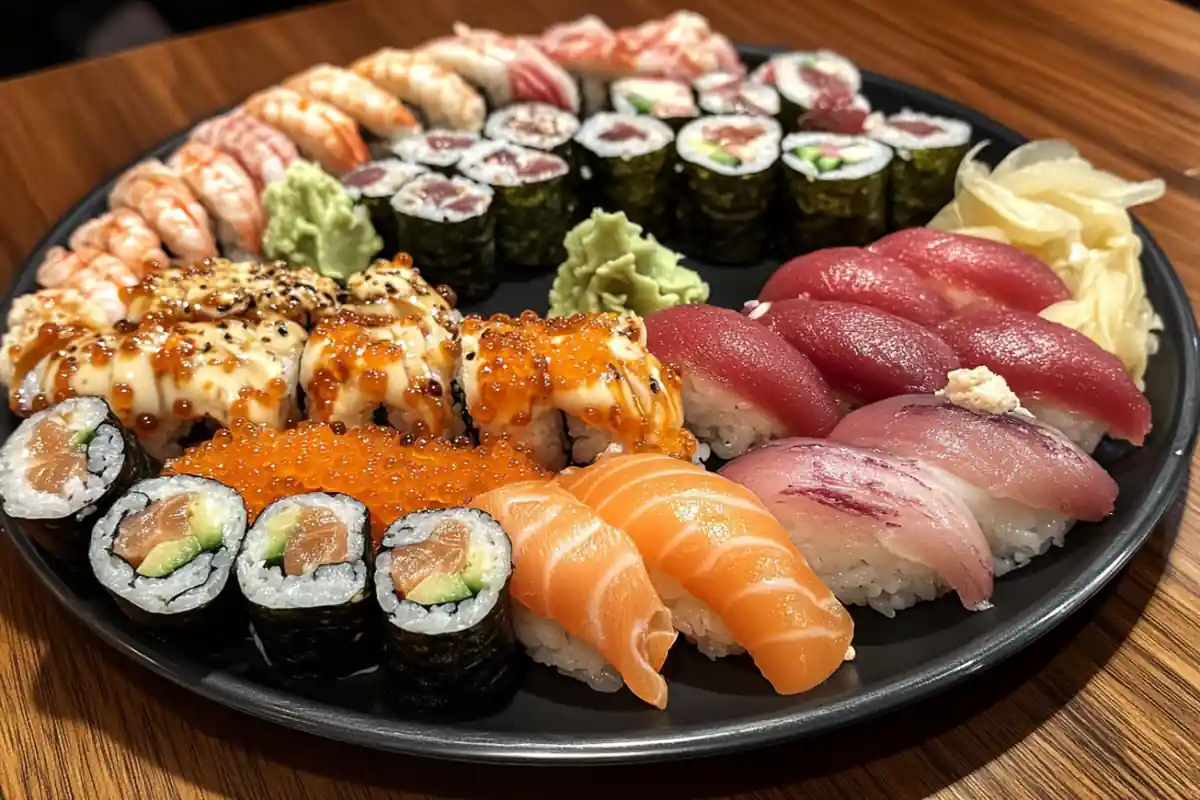 Sushi platter featuring nigiri, sashimi, and maki rolls. Title