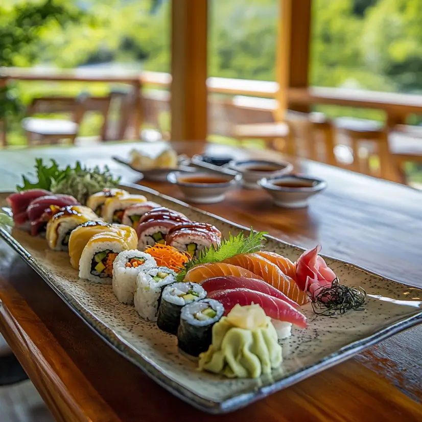 Yummy sushi platter with variety