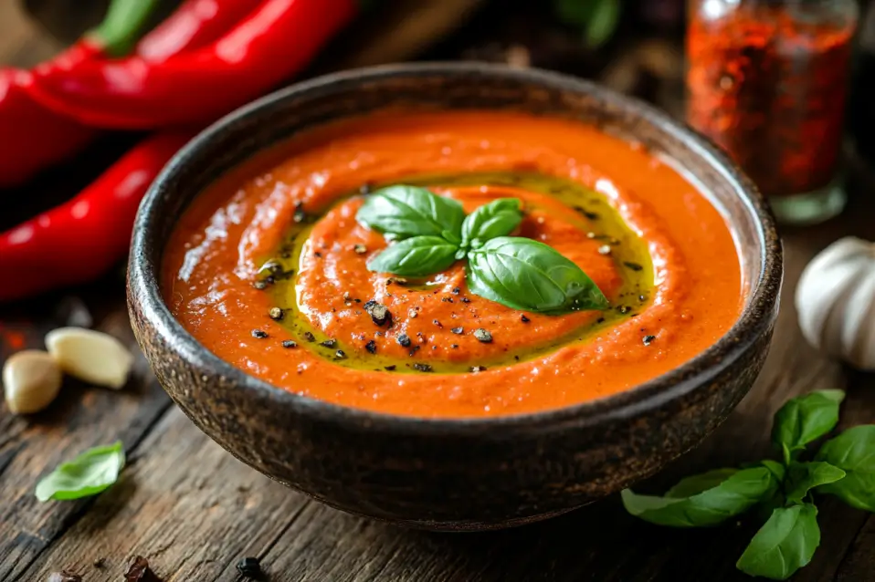 Creamy red bell pepper sauce in ceramic bowl