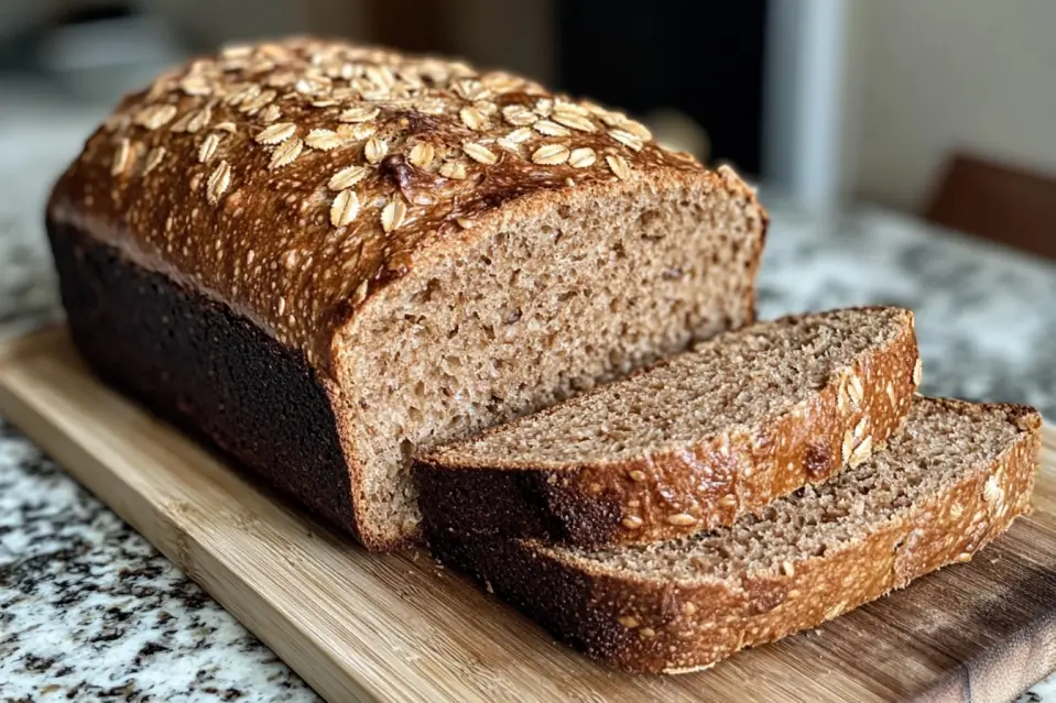 Fresh baked wheatberry bread loaf on wooden board