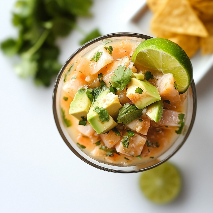A fish cocktail in a glass, garnished with avocado and cilantro, served with tortilla chips and lime.