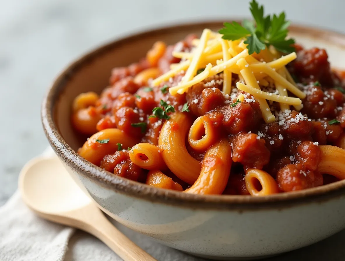 A bowl of American Goulash garnished with cheese and parsley.