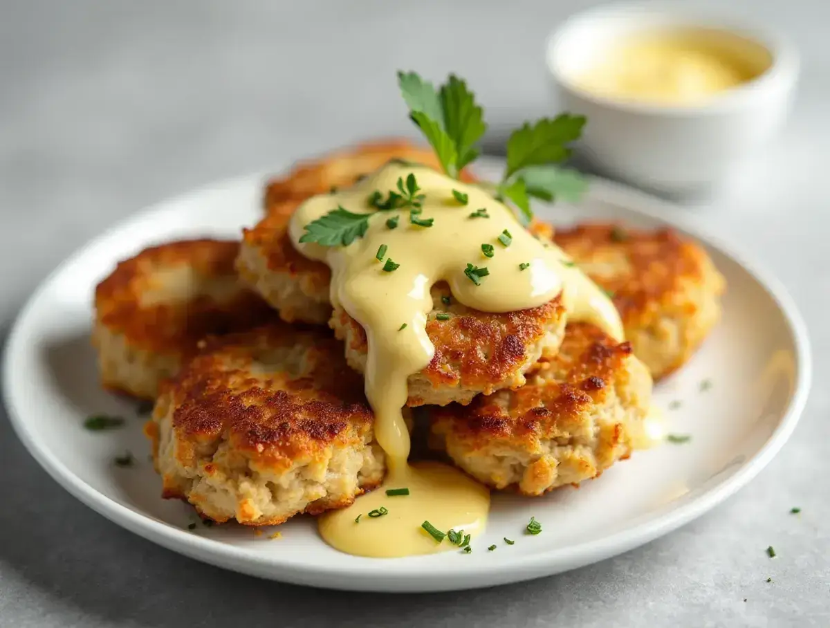 Golden-brown crab cakes drizzled with remoulade sauce on a white plate