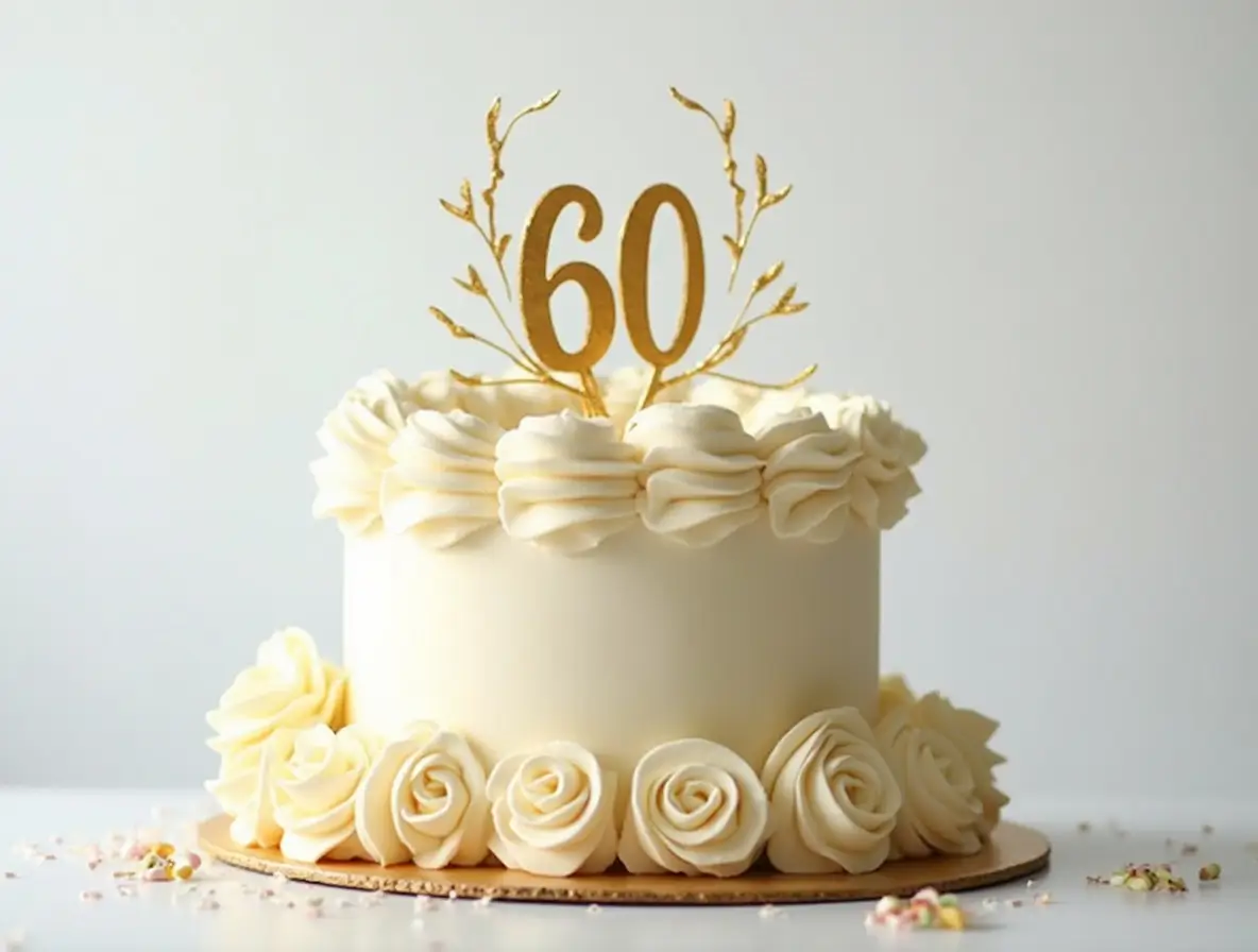 60th birthday cake with topper and confetti