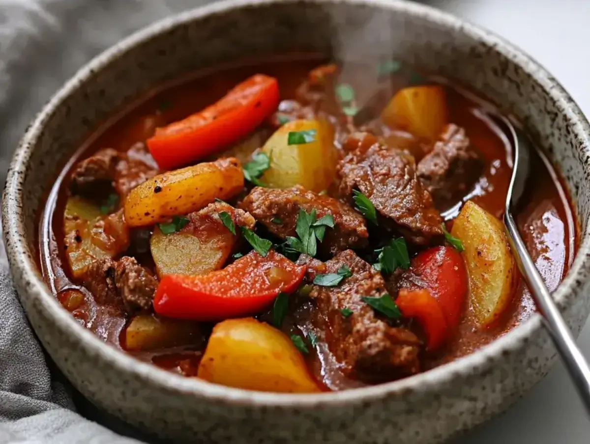 A steaming bowl of Hungarian goulash with parsley garnish.