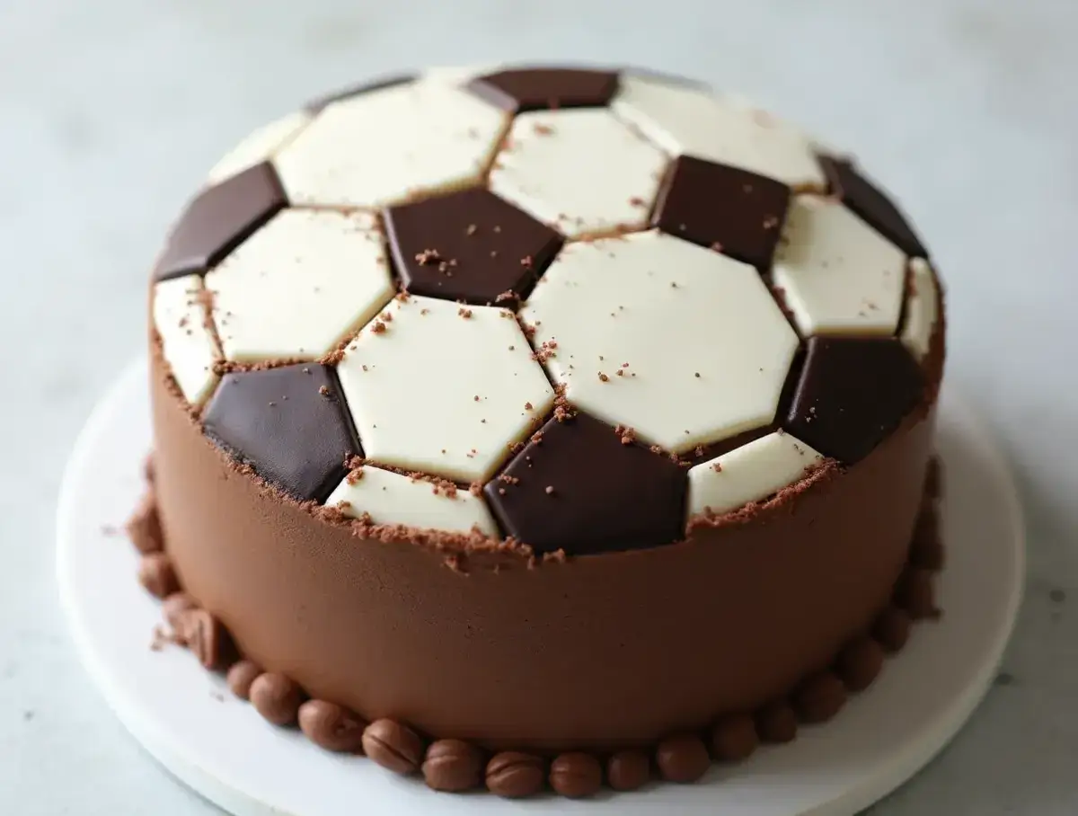 A soccer-themed cake with fondant details.
