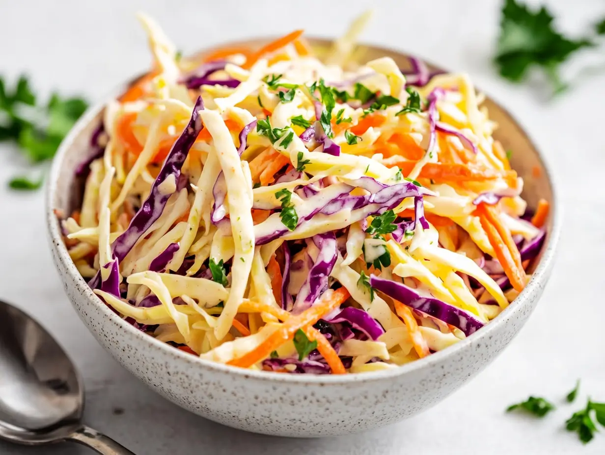 bowl of creamy vegan coleslaw on white background