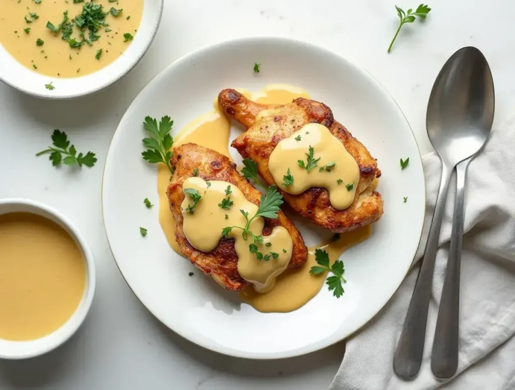 Chicken breast with creamy sauce on a white plate, garnished with fresh herbs.