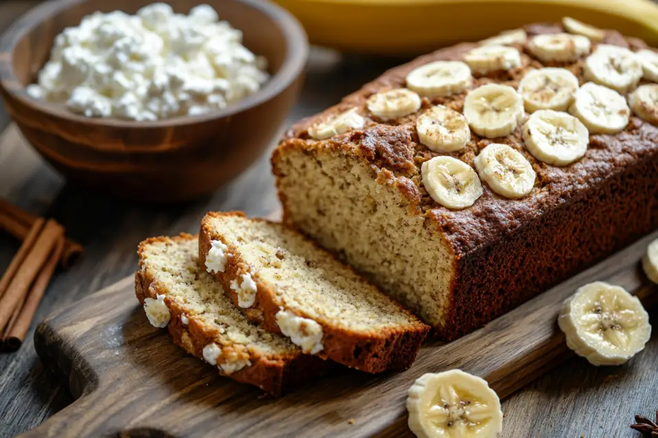 Cottage cheese banana bread slice with moist crumb