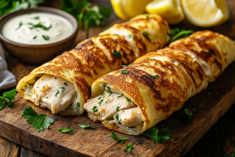 Golden chicken crepes with savory filling