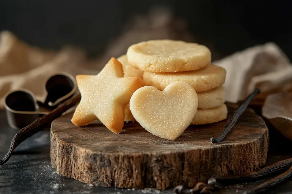 Golden rolled sugar cookies in festive shapes