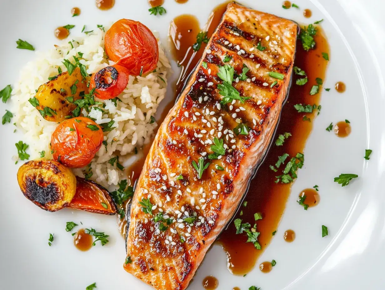 A plated honey garlic glazed salmon fillet with sesame seeds and fresh parsley.