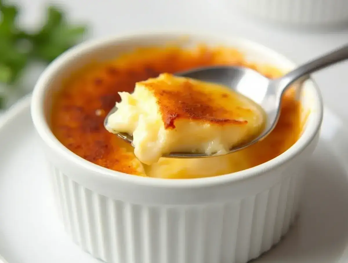 Close-up of a Crab Brulee with a golden sugar crust being cracked open by a spoon.