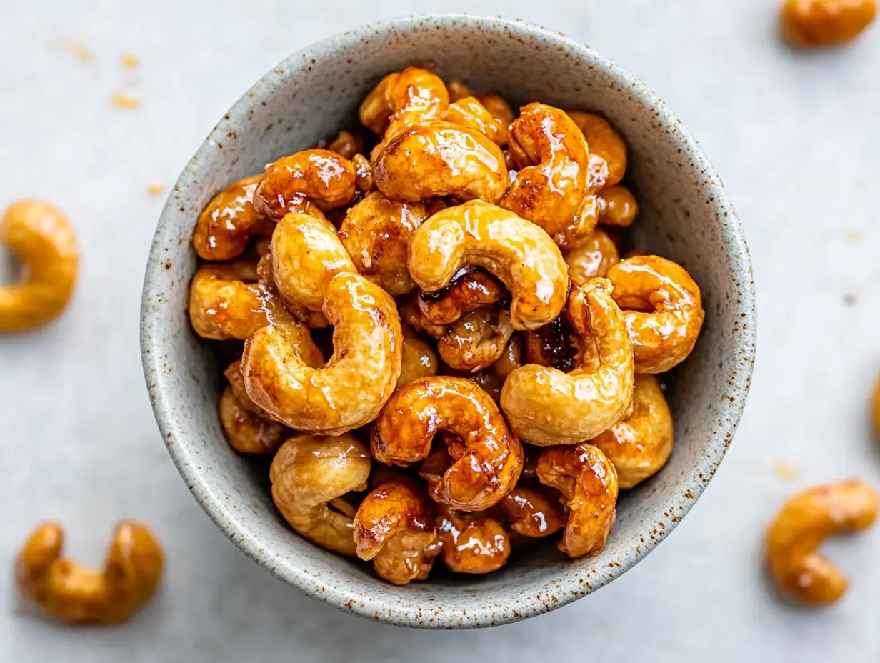 A bowl of honey roasted cashews on a light-gray surface.