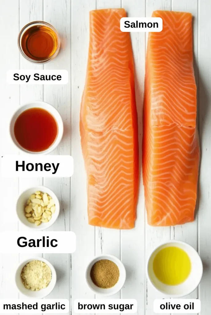 Honey, soy sauce, garlic, and other ingredients for salmon glaze, arranged neatly.