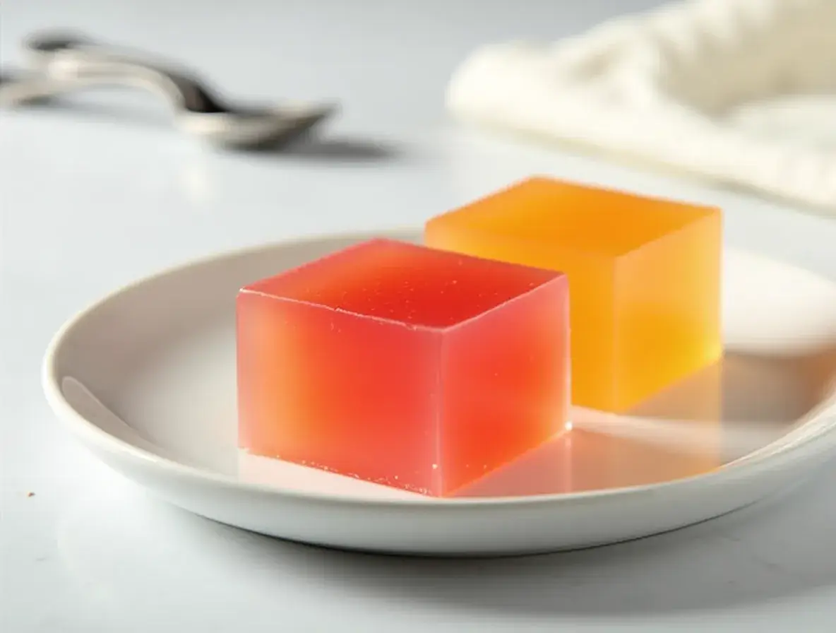 A close-up of a bright, translucent homemade gelatin square on a white plate.